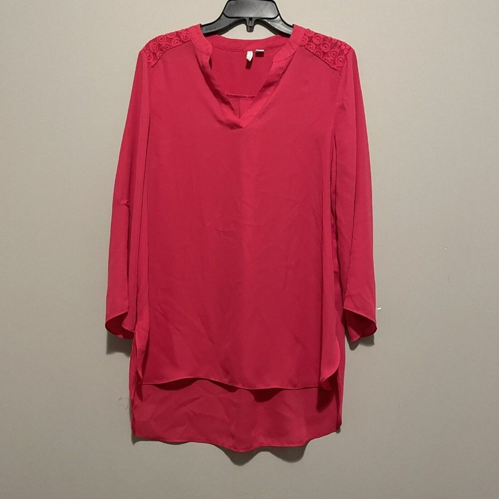 CATO Top Women's Medium Pink 3/4 Sleeve Roll Tab Lace Lightweight Flowy